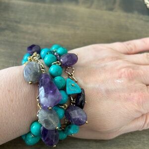 Bracelet turquoise and genuine amethyst gold plated stretch with 3 vertical bars